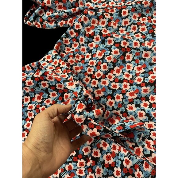 Short Mini Dress XL Daisy Flower Power Pockets Belt Red Blue V Neck Popsugar - Picture 6 of 10